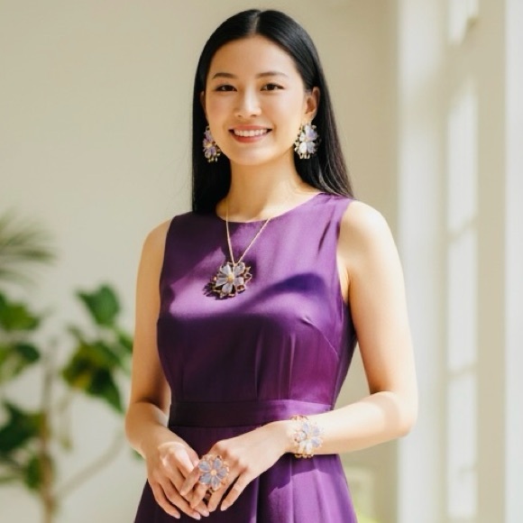 JEWELRY SET: 5Pc White/Gold Lotus Flower Ring, Bracelet, Earrings, & Necklace - Picture 5 of 9